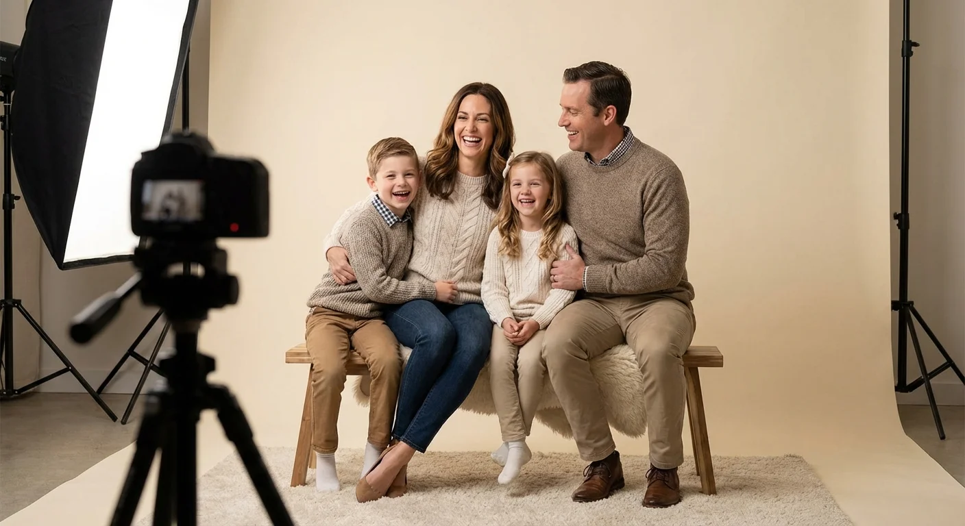 Gezin samen gefotografeerd in de studio van FotoAteljee Caroline, Vichte